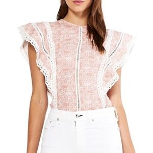 Misa Los Angeles Nilu Blouse in Washed Tile Pink Crochet Smocked Casual Flutter